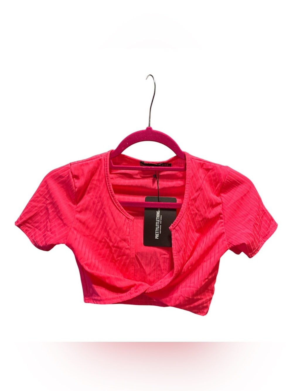 PrettyLittleThing Neon Pink Ribbed Twist Crop Top